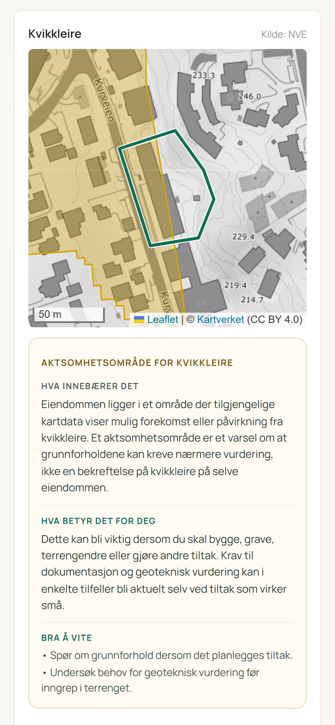 Kvikkleire-kartet fra en ekte boliganalyse, vist på mobil