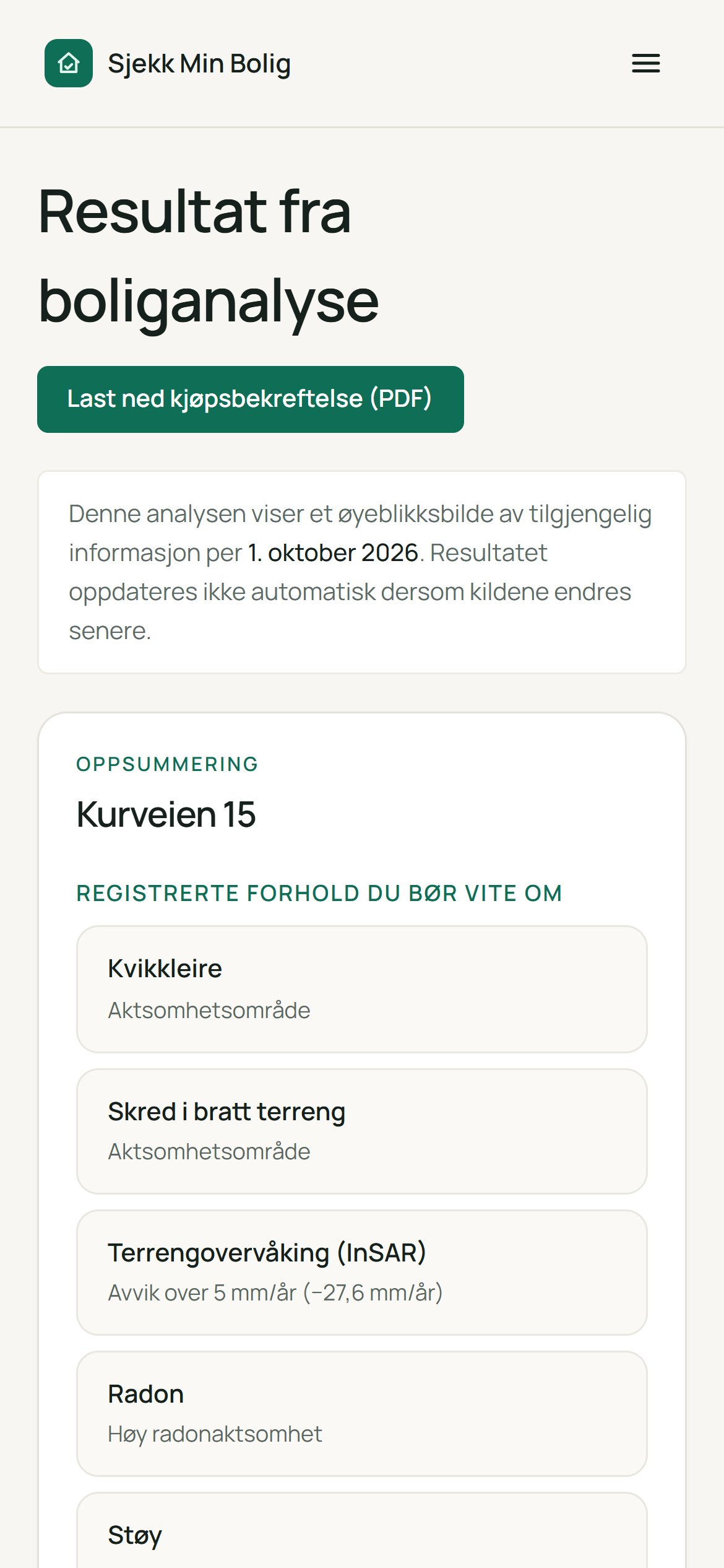 Oppsummeringen fra en ekte boliganalyse, vist på mobil